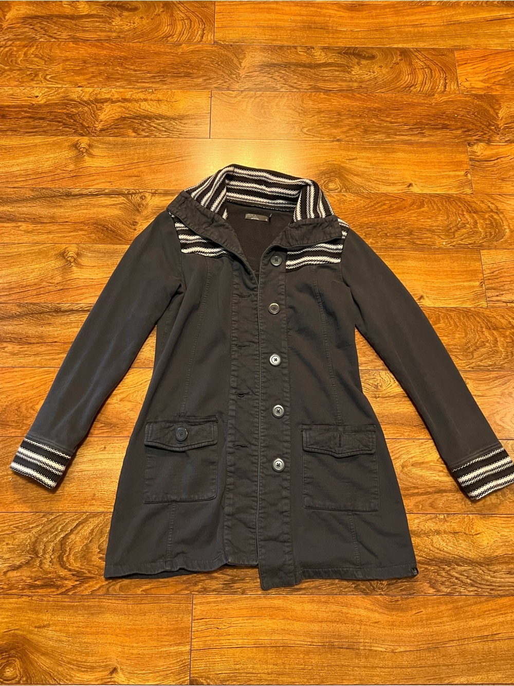 Prana Slate Blue Coat with Striped Trim, S